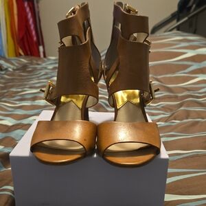 Michael Kors Brown and Gold Heels with Open Toe Design